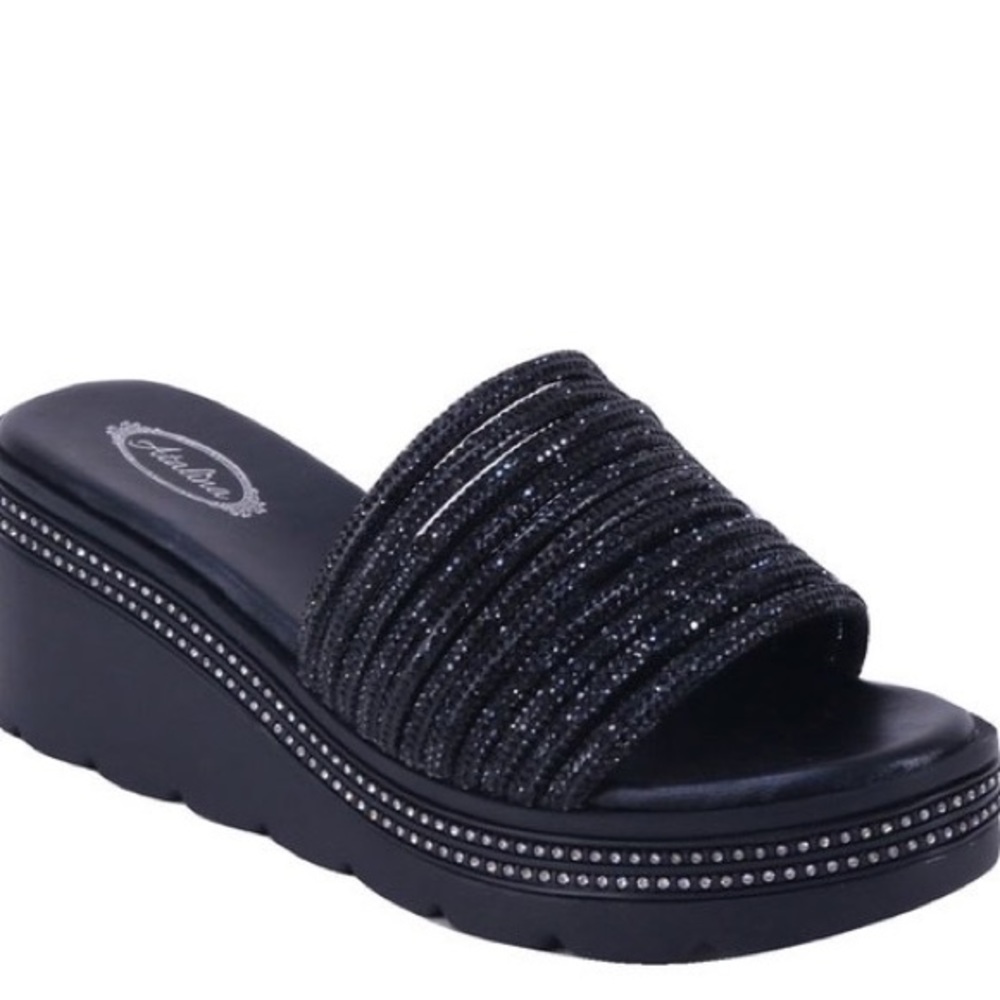 Italina Black Rhinestone Embellished open Toe Platform Wedge Slide-In Sandal 6 - Picture 2 of 6